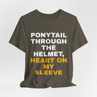 Thumbnail for Ponytail Through The Helmet, Heart On My Sleeve — Softball T-Shirt