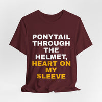 Thumbnail for Ponytail Through The Helmet, Heart On My Sleeve — Softball T-Shirt