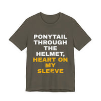 Thumbnail for Ponytail Through The Helmet, Heart On My Sleeve — Softball T-Shirt