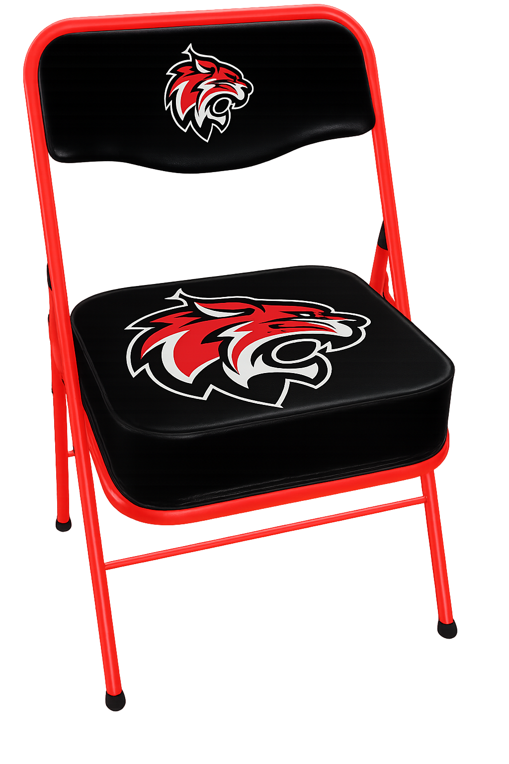 Red folding chair with black seat and back, each featuring a red and white wildcat logo.
