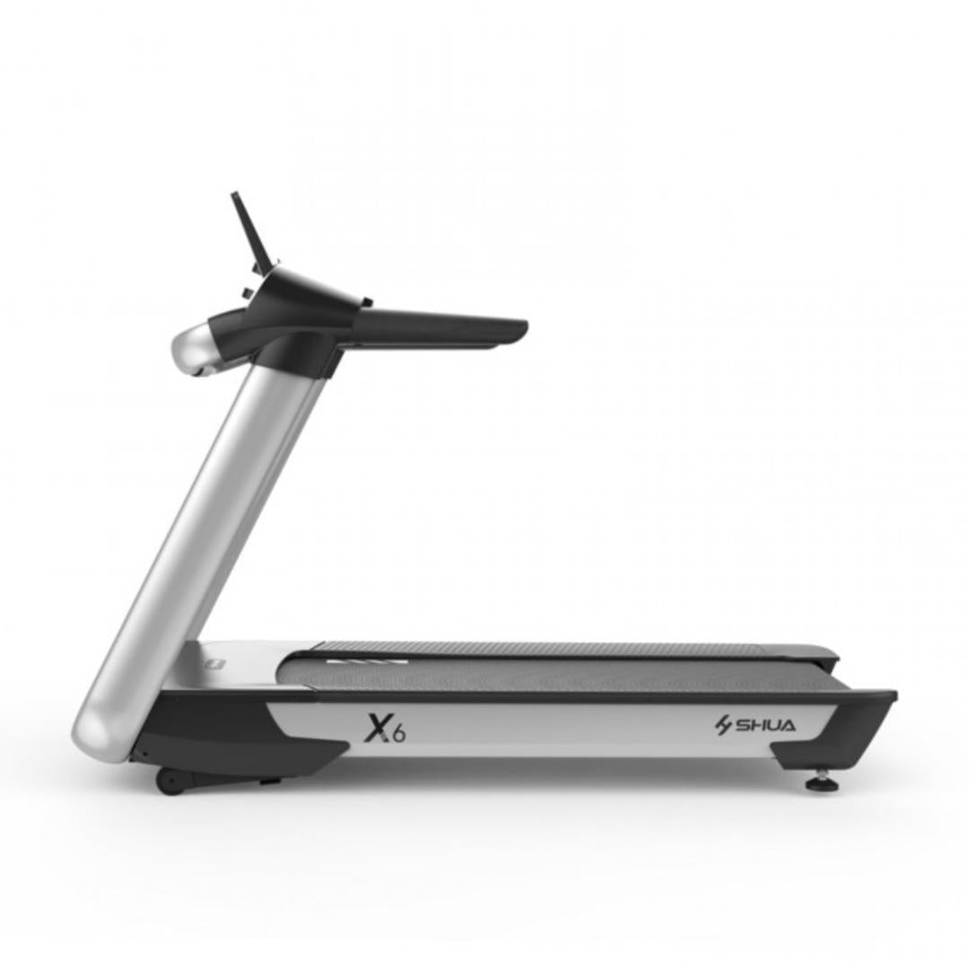 Silver and black X6 treadmill with a sleek design, LED console, and cup holder.