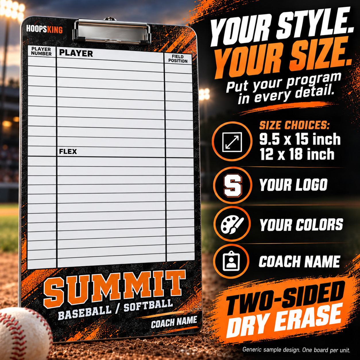 Custom baseball / softball clipboard coaching board: Your style. your size.. Two-sided dry erase. Generic sample design. One board per unit.