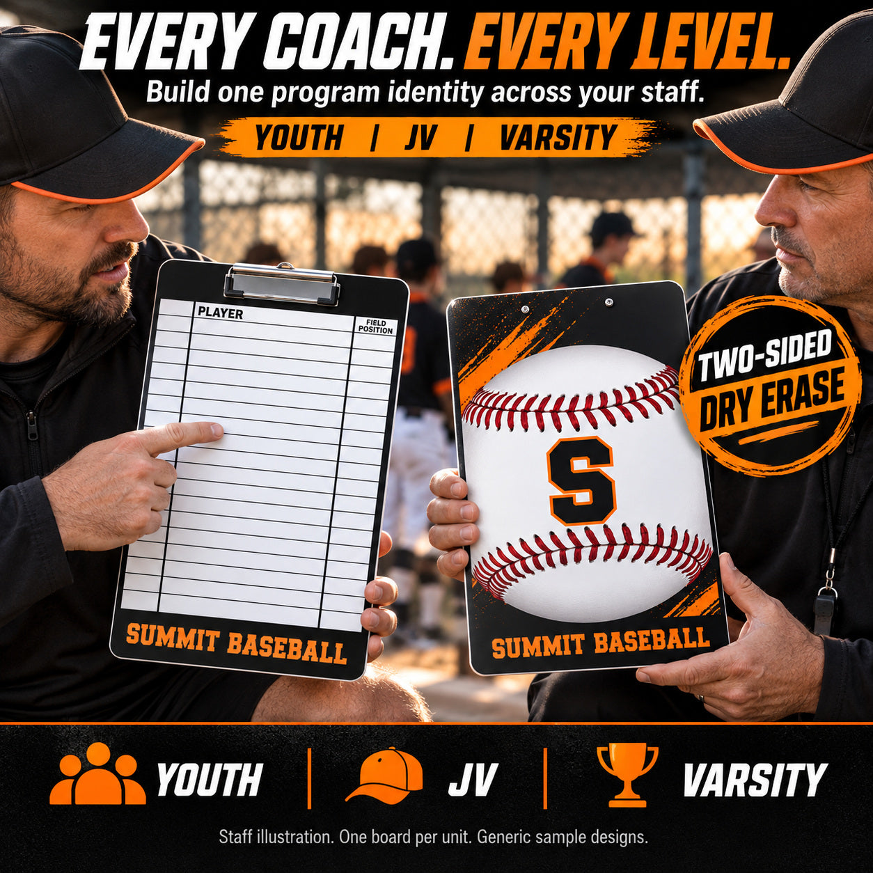 Custom baseball / softball clipboard coaching board: Every coach. every level.. Two-sided dry erase. Staff illustration. One board per unit. Generic sample designs.