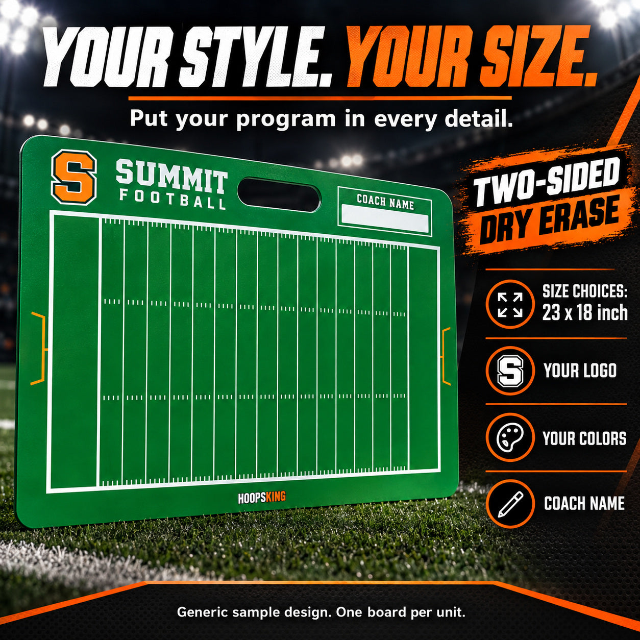 Custom football carry coaching board: Your style. your size.. Two-sided dry erase. Generic sample design. One board per unit.