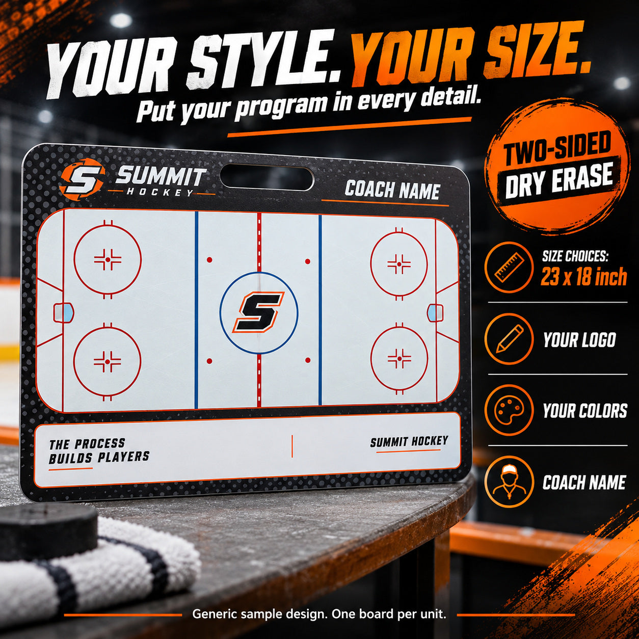 Custom hockey carry coaching board: Your style. your size.. Two-sided dry erase. Generic sample design. One board per unit.