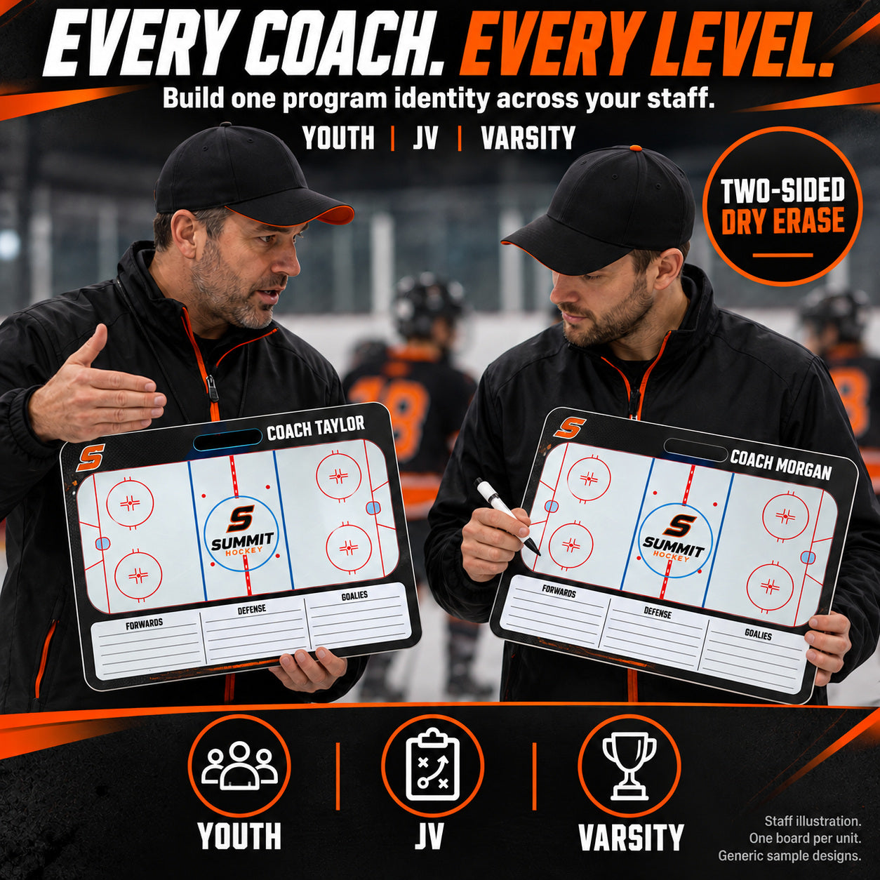 Custom hockey carry coaching board: Every coach. every level.. Two-sided dry erase. Staff illustration. One board per unit. Generic sample designs.