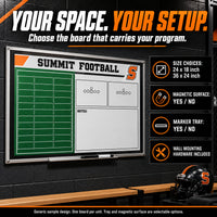 Thumbnail for Custom football wall coaching board: YOUR SPACE. YOUR SETUP.; Choose the board that carries your program.; SIZE CHOICES: 24 x 18 inch / 36 x 24 inch; MAGNETIC SURFACE: YES / NO; MARKER TRAY: YES / NO; WALL MOUNTING HARDWARE INCLUDED; ; Generic sample design. One board per unit. Tray and magnetic surface are selectable options.