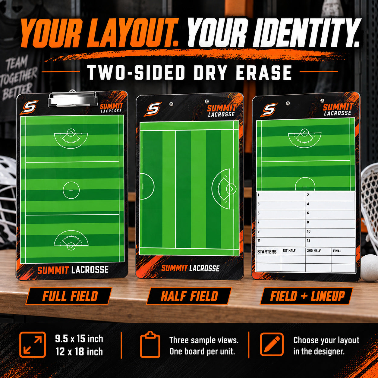 Custom lacrosse clipboard sample layouts: YOUR LAYOUT. YOUR IDENTITY.; TWO-SIDED DRY ERASE; FULL FIELD; HALF FIELD; FIELD + LINEUP; 9.5 x 15 inch / 12 x 18 inch; Three sample views. One board per unit. Choose your layout in the designer.