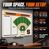 Thumbnail for Custom baseball / softball wall coaching board: YOUR SPACE. YOUR SETUP.; Choose the board that carries your program.; SIZE CHOICES: 24 x 18 inch / 36 x 24 inch; MAGNETIC SURFACE: YES / NO; MARKER TRAY: YES / NO; WALL MOUNTING HARDWARE INCLUDED; ; Generic sample design. One board per unit. Tray and magnetic surface are selectable options.