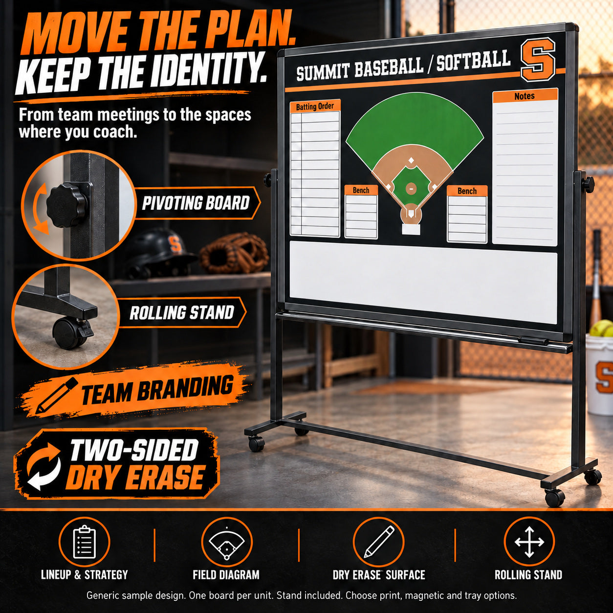 Custom baseball / softball rolling coaching board: Move the plan. keep the identity.. Two-sided dry erase. Generic sample design. One board per unit. Stand included. Choose print, magnetic and tray options.