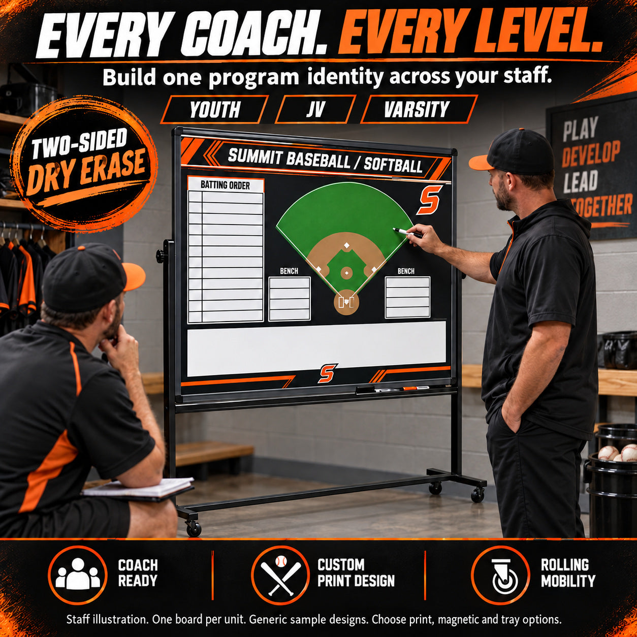 Custom baseball / softball rolling coaching board: Every coach. every level.. Two-sided dry erase. Staff illustration. One board per unit. Generic sample designs. Choose print, magnetic and tray options.