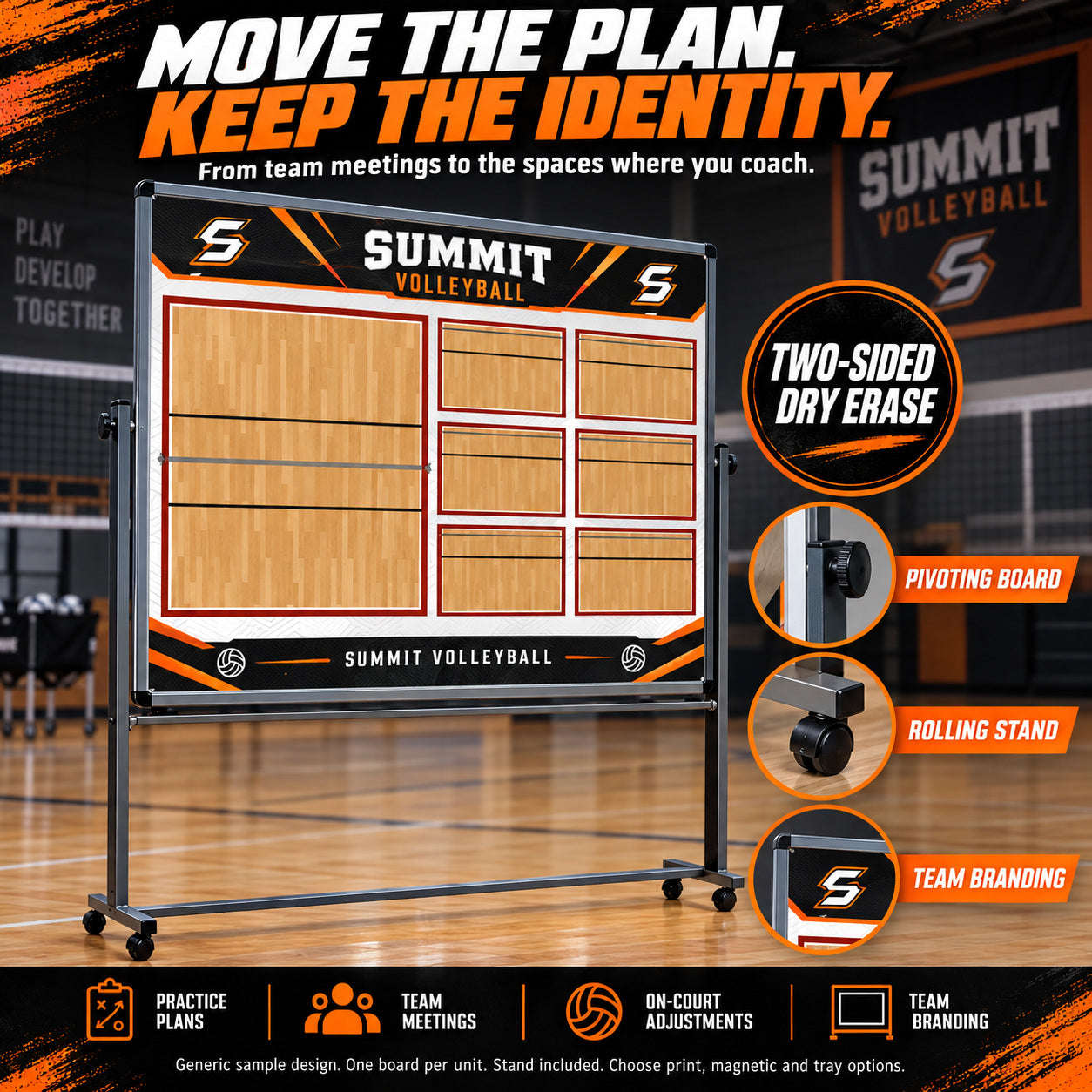 Custom volleyball rolling coaching board: Move the plan. keep the identity.. Two-sided dry erase. Generic sample design. One board per unit. Stand included. Choose print, magnetic and tray options.