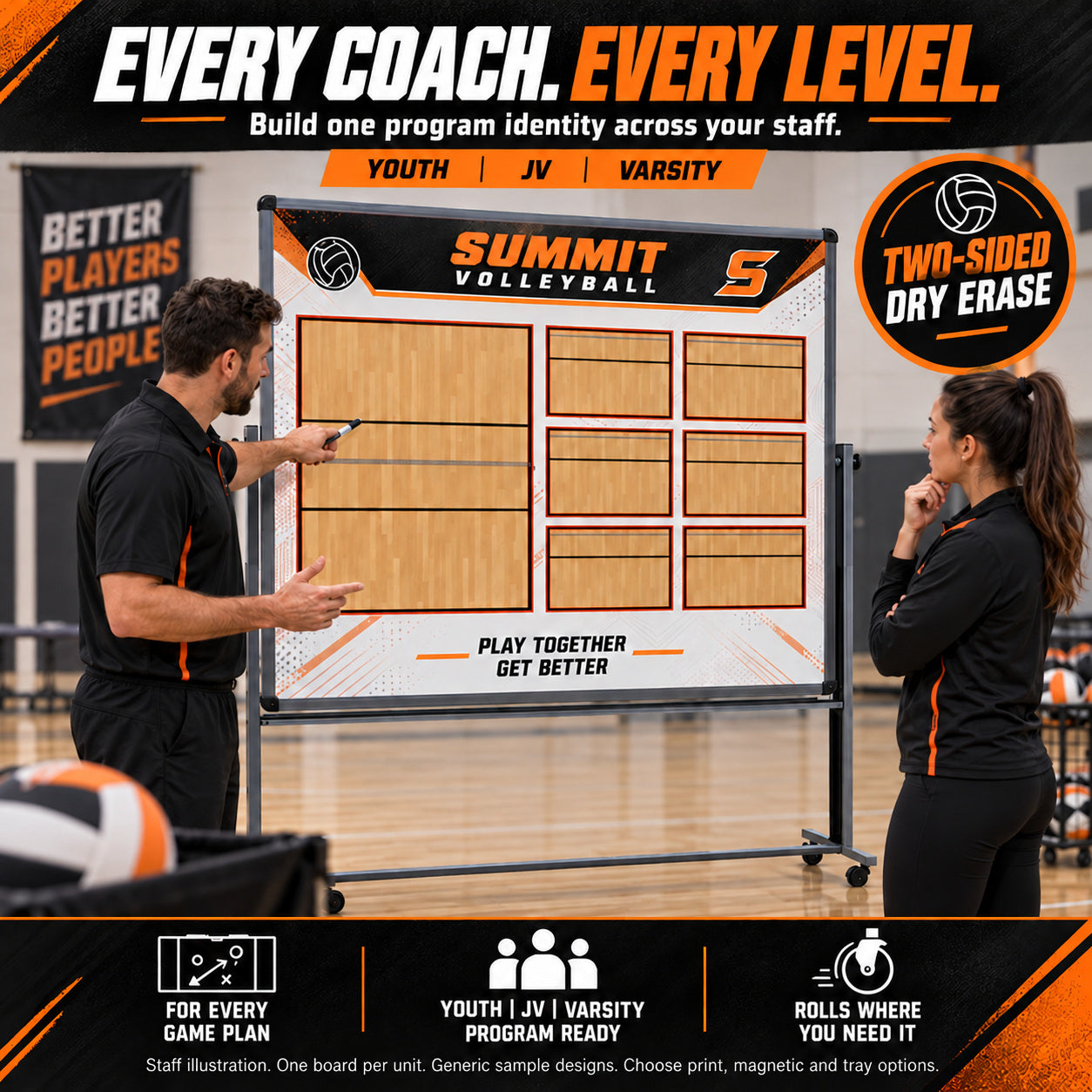 Custom volleyball rolling coaching board: Every coach. every level.. Two-sided dry erase. Staff illustration. One board per unit. Generic sample designs. Choose print, magnetic and tray options.