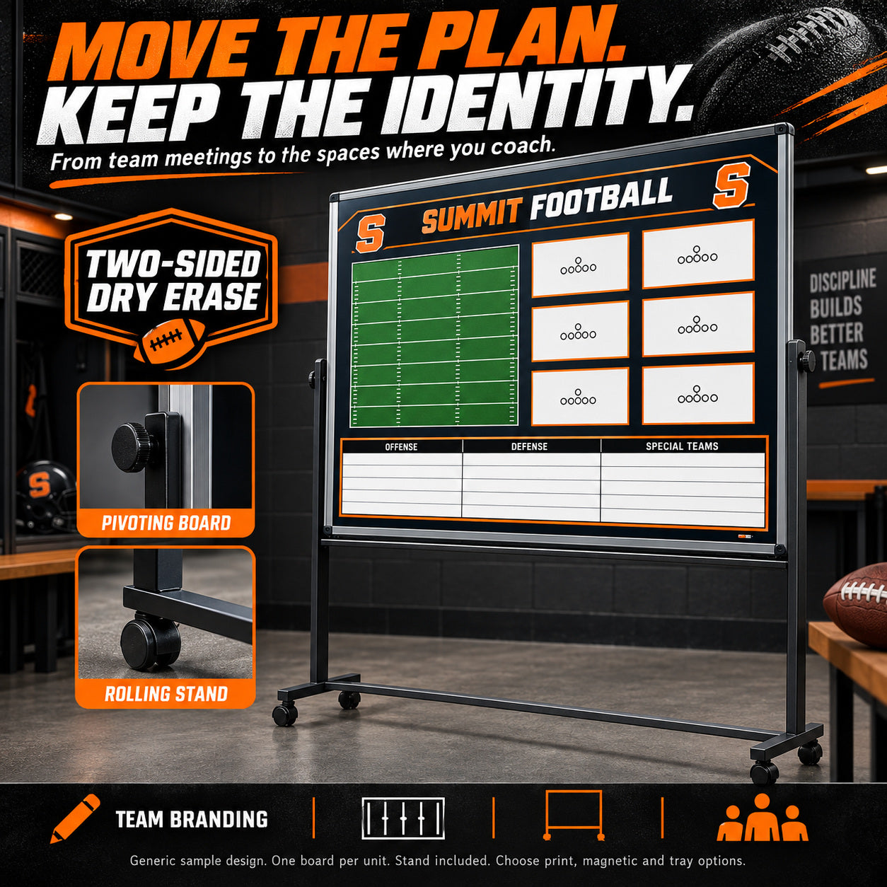 Custom football rolling coaching board: Move the plan. keep the identity.. Two-sided dry erase. Generic sample design. One board per unit. Stand included. Choose print, magnetic and tray options.
