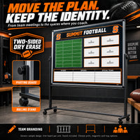 Thumbnail for Custom football rolling coaching board: Move the plan. keep the identity.. Two-sided dry erase. Generic sample design. One board per unit. Stand included. Choose print, magnetic and tray options.