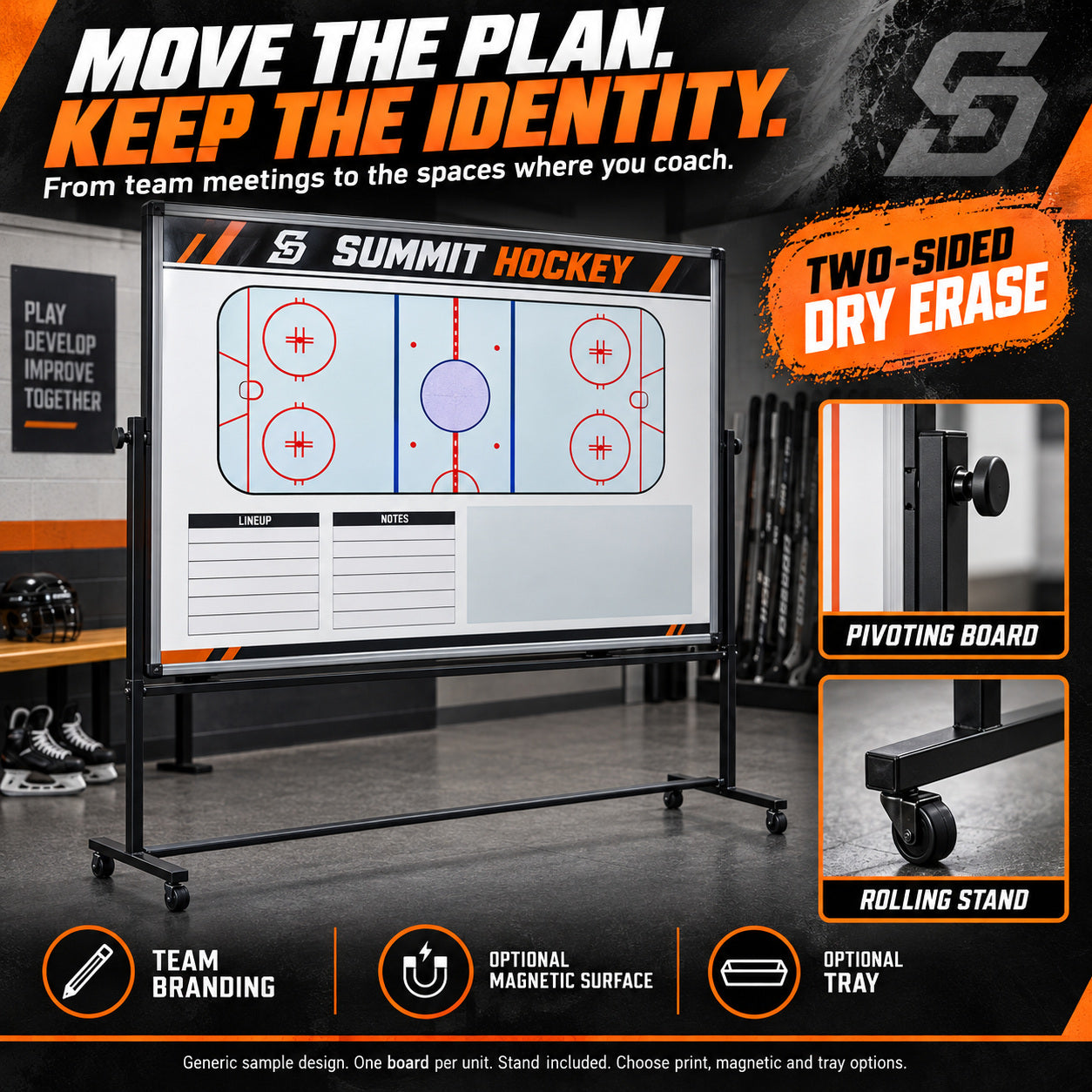 Custom hockey rolling coaching board: Move the plan. keep the identity.. Two-sided dry erase. Generic sample design. One board per unit. Stand included. Choose print, magnetic and tray options.