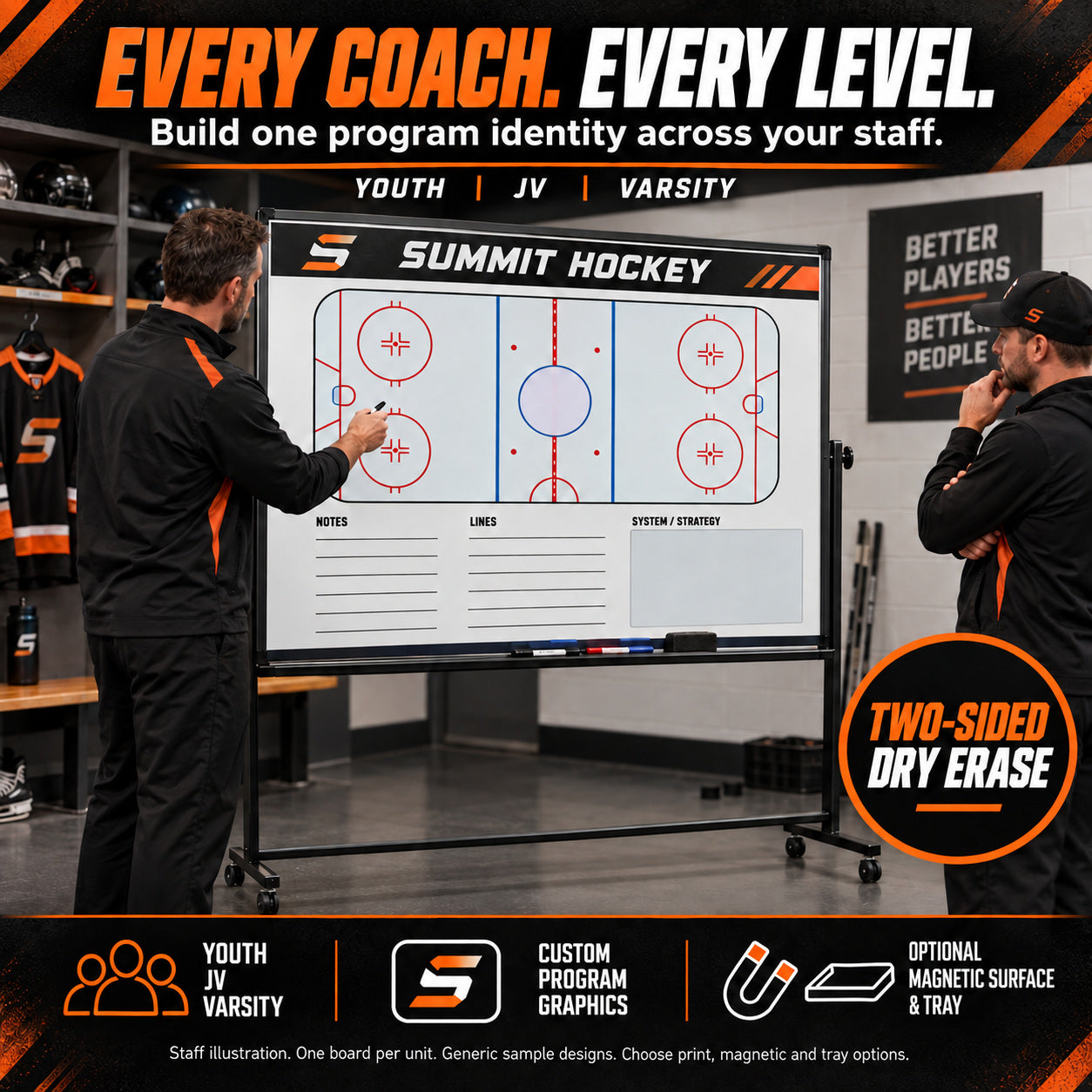 Custom hockey rolling coaching board: Every coach. every level.. Two-sided dry erase. Staff illustration. One board per unit. Generic sample designs. Choose print, magnetic and tray options.