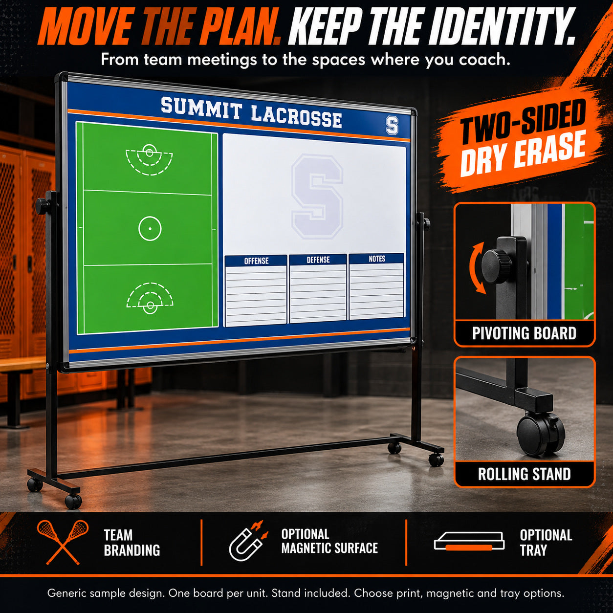 Custom lacrosse rolling coaching board: Move the plan. keep the identity.. Two-sided dry erase. Generic sample design. One board per unit. Stand included. Choose print, magnetic and tray options.