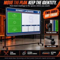 Thumbnail for Custom lacrosse rolling coaching board: Move the plan. keep the identity.. Two-sided dry erase. Generic sample design. One board per unit. Stand included. Choose print, magnetic and tray options.