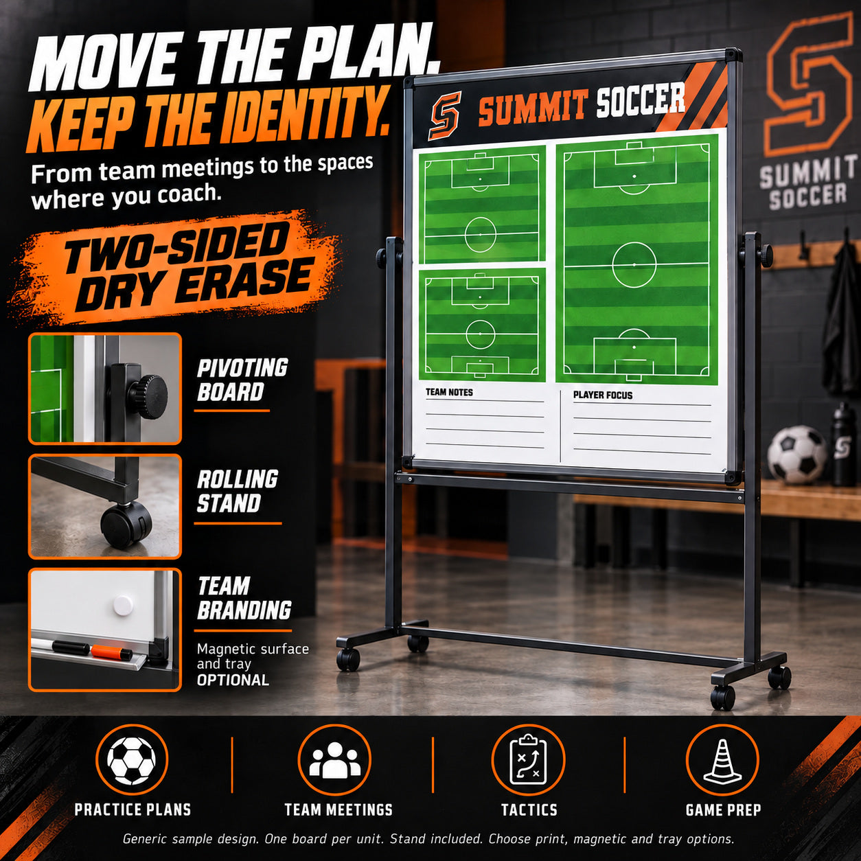 Custom soccer rolling coaching board: Move the plan. keep the identity.. Two-sided dry erase. Generic sample design. One board per unit. Stand included. Choose print, magnetic and tray options.