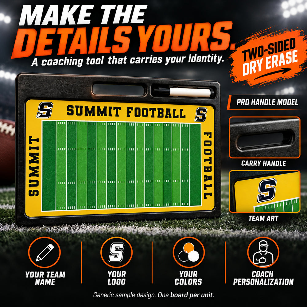 Custom football pro coaching board: MAKE THE DETAILS YOURS.; A coaching tool that carries your identity.; PRO HANDLE MODEL; YOUR TEAM NAME; YOUR LOGO; YOUR COLORS; COACH PERSONALIZATION; TWO-SIDED DRY ERASE. ; Generic sample design. One board per unit.