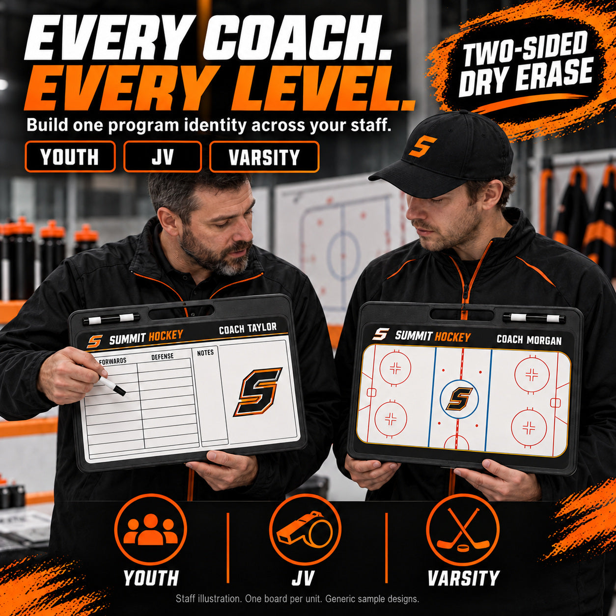 Custom hockey pro coaching board: Every coach. every level.. Two-sided dry erase. Staff illustration. One board per unit. Generic sample designs.