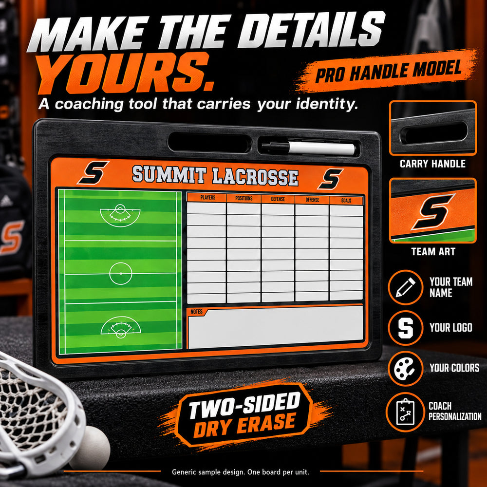 Custom lacrosse pro coaching board: MAKE THE DETAILS YOURS.; A coaching tool that carries your identity.; PRO HANDLE MODEL; YOUR TEAM NAME; YOUR LOGO; YOUR COLORS; COACH PERSONALIZATION; TWO-SIDED DRY ERASE. ; Generic sample design. One board per unit.