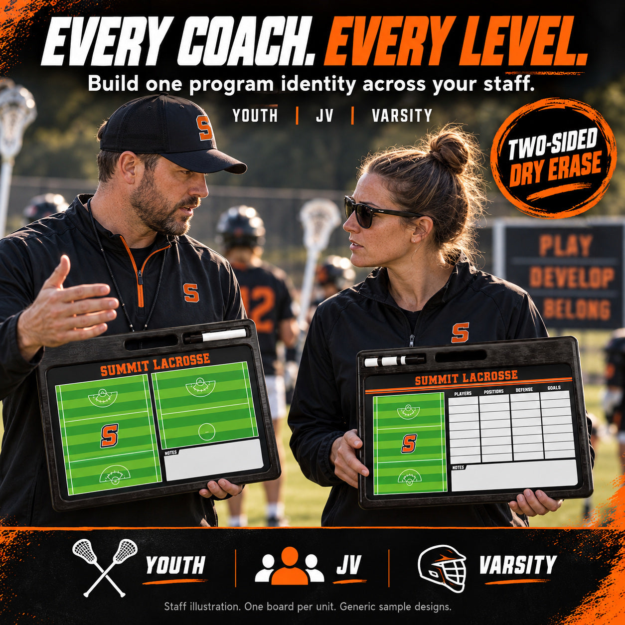 Custom lacrosse pro coaching board: Every coach. every level.. Two-sided dry erase. Staff illustration. One board per unit. Generic sample designs.
