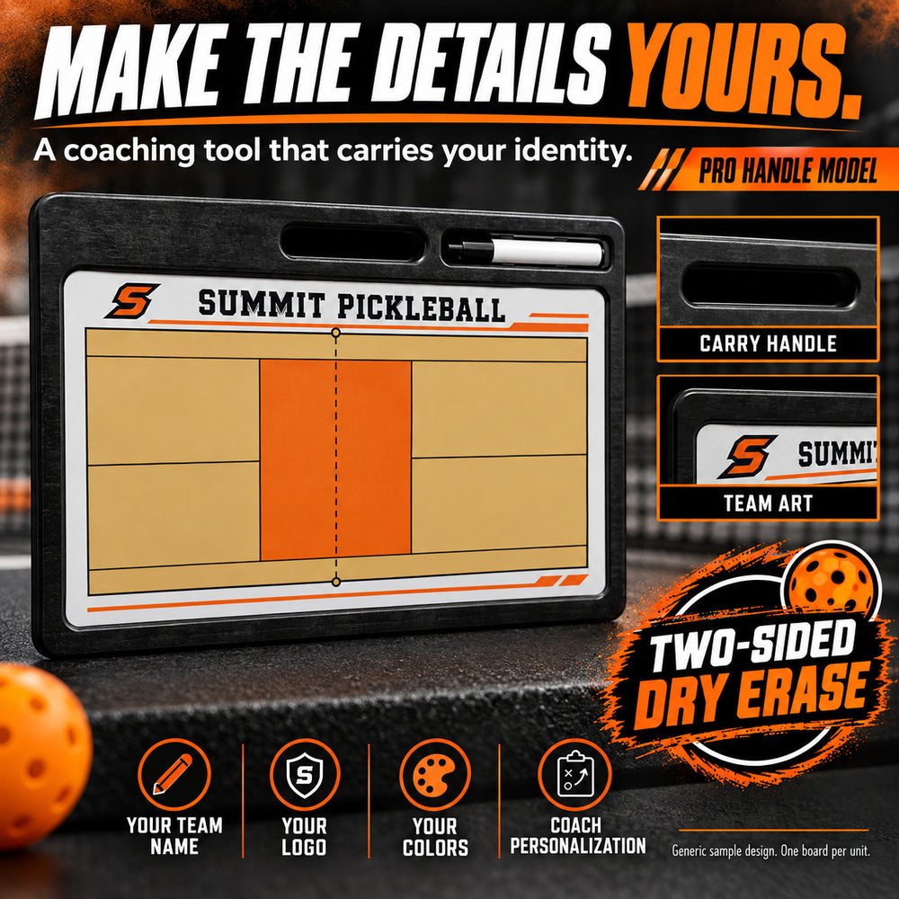 Custom pickleball pro coaching board: MAKE THE DETAILS YOURS.; A coaching tool that carries your identity.; PRO HANDLE MODEL; YOUR TEAM NAME; YOUR LOGO; YOUR COLORS; COACH PERSONALIZATION; TWO-SIDED DRY ERASE. ; Generic sample design. One board per unit.