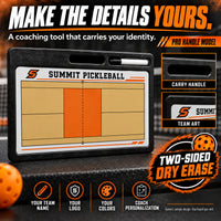 Thumbnail for Custom pickleball pro coaching board: MAKE THE DETAILS YOURS.; A coaching tool that carries your identity.; PRO HANDLE MODEL; YOUR TEAM NAME; YOUR LOGO; YOUR COLORS; COACH PERSONALIZATION; TWO-SIDED DRY ERASE. ; Generic sample design. One board per unit.