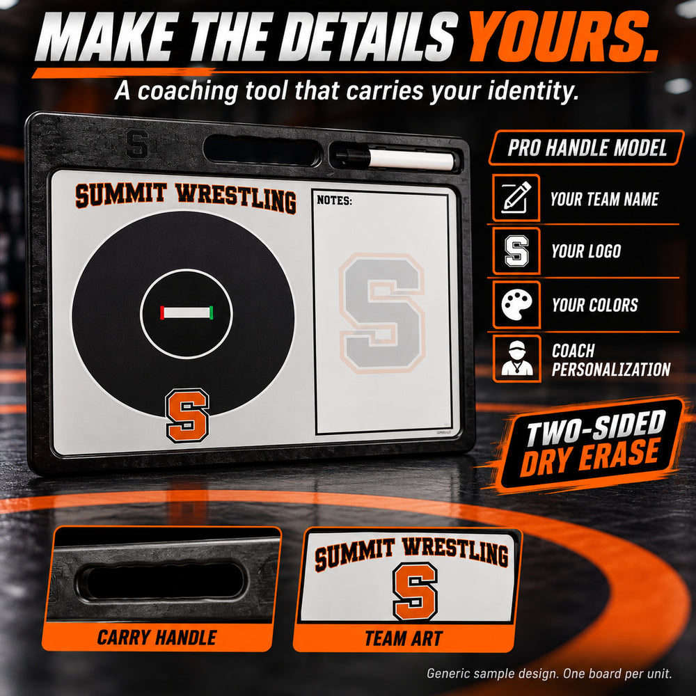 Custom wrestling pro coaching board: MAKE THE DETAILS YOURS.; A coaching tool that carries your identity.; PRO HANDLE MODEL; YOUR TEAM NAME; YOUR LOGO; YOUR COLORS; COACH PERSONALIZATION; TWO-SIDED DRY ERASE. ; Generic sample design. One board per unit.