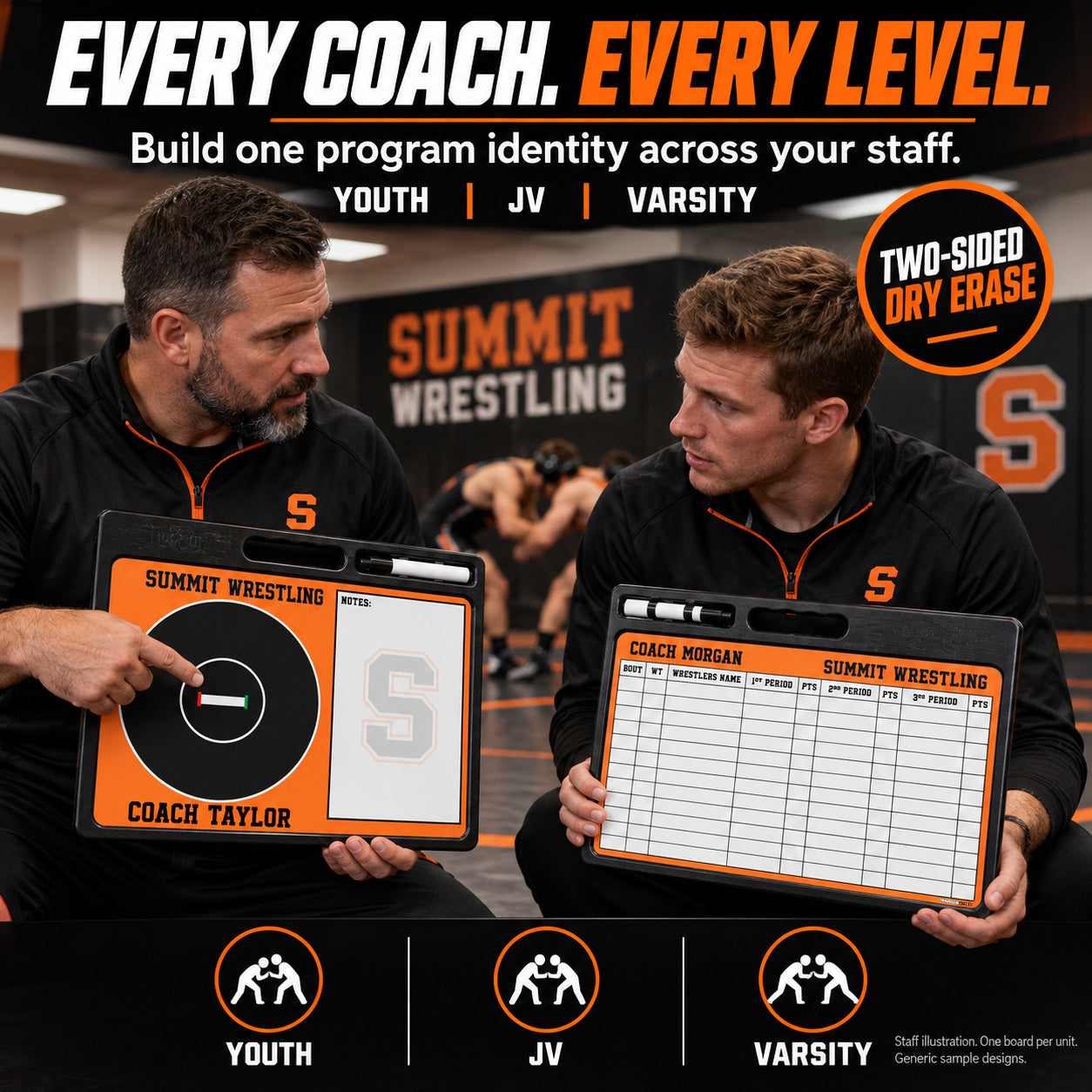 Custom wrestling pro coaching board: Every coach. every level.. Two-sided dry erase. Staff illustration. One board per unit. Generic sample designs.