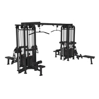 Thumbnail for Black and silver 8-stack jungle gym with lat pulldown, pull-up, low row, and single/double pulleys.