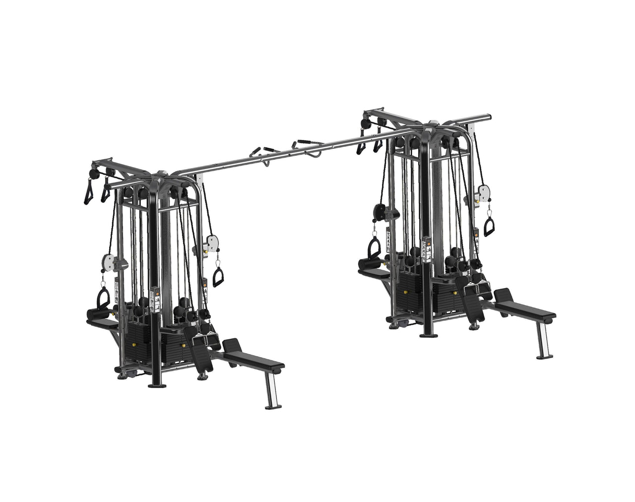 Commercial grade multi-station jungle gym with 8 weight stacks, cables, pulleys, and benches.