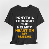 Thumbnail for Ponytail Through The Helmet, Heart On My Sleeve — Softball T-Shirt