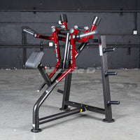 Thumbnail for Red and black rear delt machine with a padded chest rest, handles, and weight plate storage pegs.