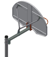 Rear view of a basketball backboard, hoop, and adjustable straight post.