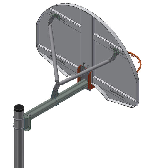 Rear view of a basketball backboard, hoop, and adjustable straight post.