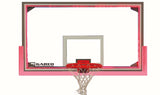 Glass basketball backboard with red frame lights, a red hoop, and white net.