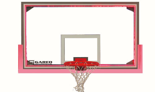 Glass basketball backboard with red frame lights, a red hoop, and white net.