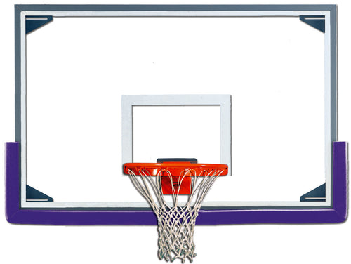 Oversized aluminum-framed glass basketball backboard with purple padding, orange rim, and white net.