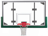 Clear basketball backboard with a red hoop, white net, and green bottom padding.