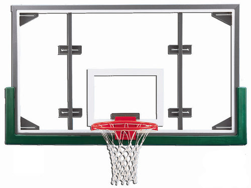 Clear basketball backboard with a red hoop, white net, and green bottom padding.