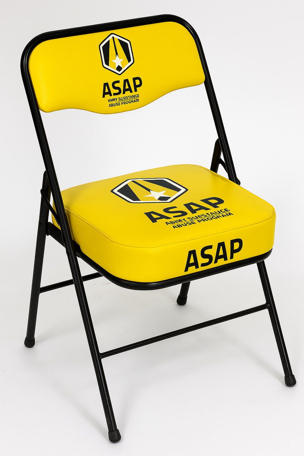 Yellow folding chair with "ASAP" logo on backrest and seat.