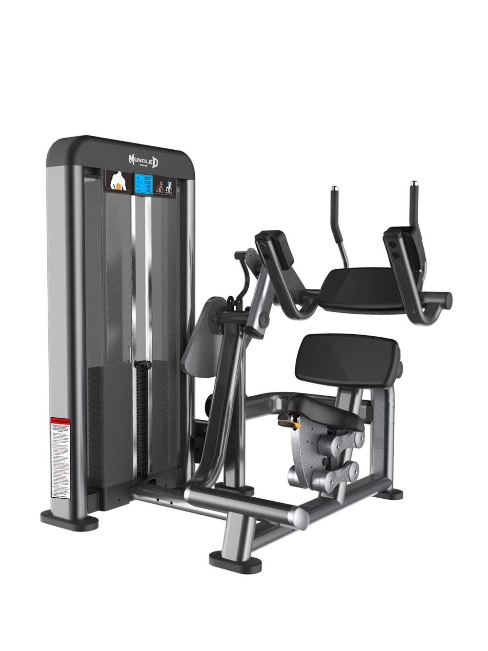 Black and gray commercial ab crunch machine with adjustable seat and pin selectorized weight stack.