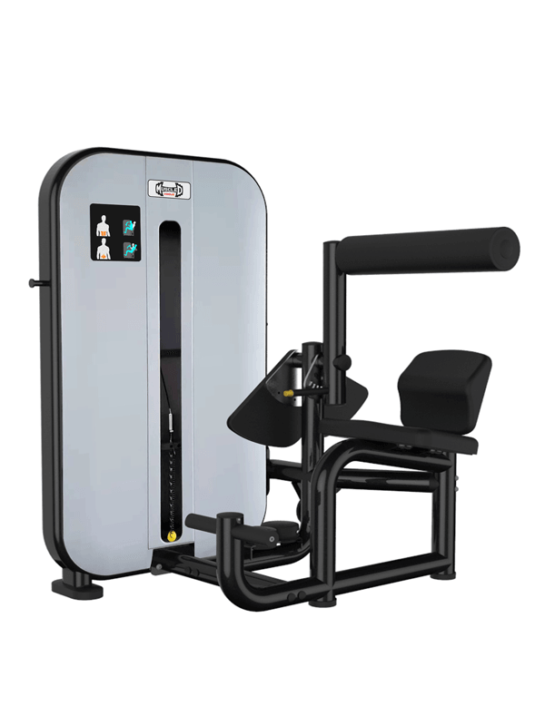 Black and gray pin-selectorized abdominal and back workout machine with padded seat and armrests.