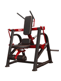 Thumbnail for Red and black plate-loaded seated abdominal crunch machine with padded seat and backrest.