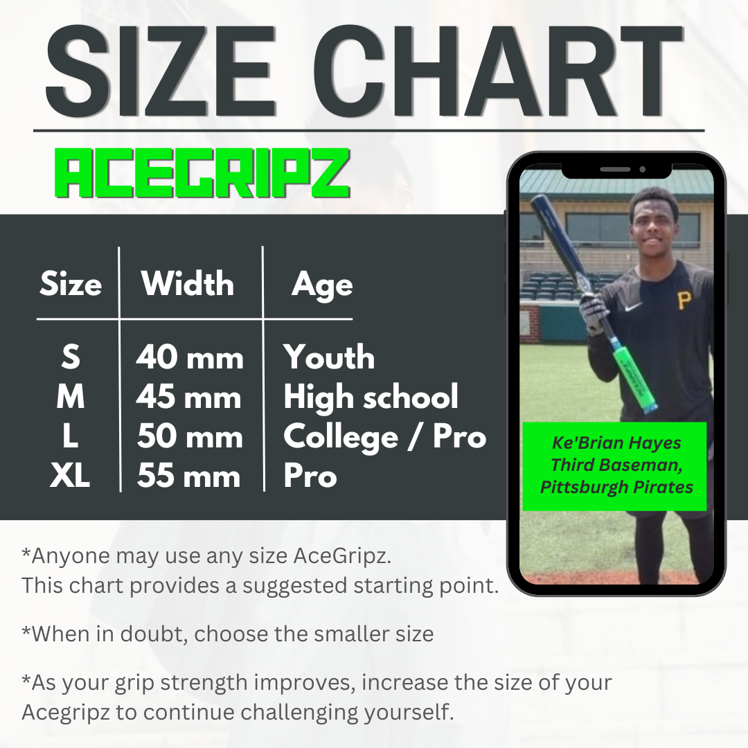 ACEGRIPZ size chart: Small 40mm for youth, Medium 45mm for high school, Large 50mm for college and pro, XL 55mm for pro. Any player may use any size; when in doubt choose the smaller size.