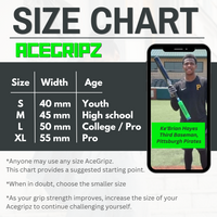 Thumbnail for ACEGRIPZ size chart: Small 40mm for youth, Medium 45mm for high school, Large 50mm for college and pro, XL 55mm for pro. Any player may use any size; when in doubt choose the smaller size.