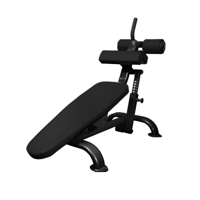 Black adjustable decline bench with padded seat and leg supports.